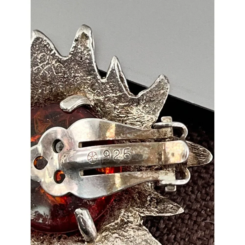 Vintage 1970s Clip Earrings Sterling Silver 925 Natural Amber Sunburst - 1F